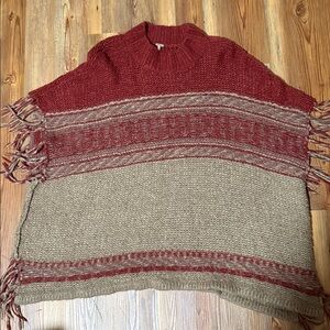 Free people Red and Tan Knit Poncho with Fringe